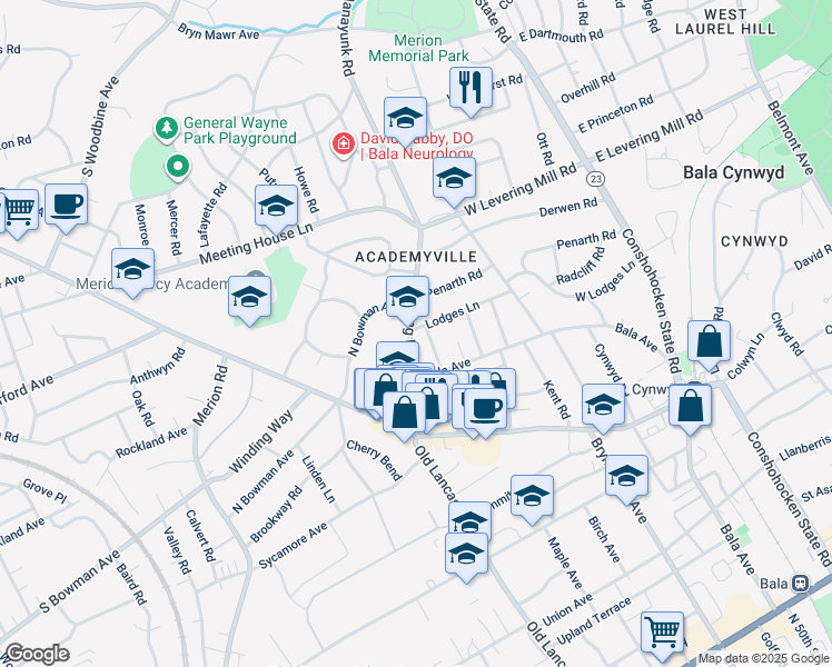 map of restaurants, bars, coffee shops, grocery stores, and more near 142 Lodges Lane in Bala Cynwyd