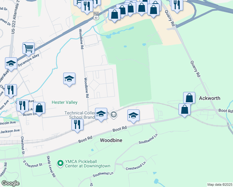 map of restaurants, bars, coffee shops, grocery stores, and more near 183 Bowery Lane in Downingtown