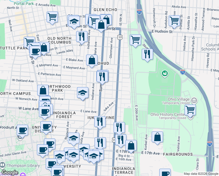 map of restaurants, bars, coffee shops, grocery stores, and more near 384 Alden Avenue in Columbus