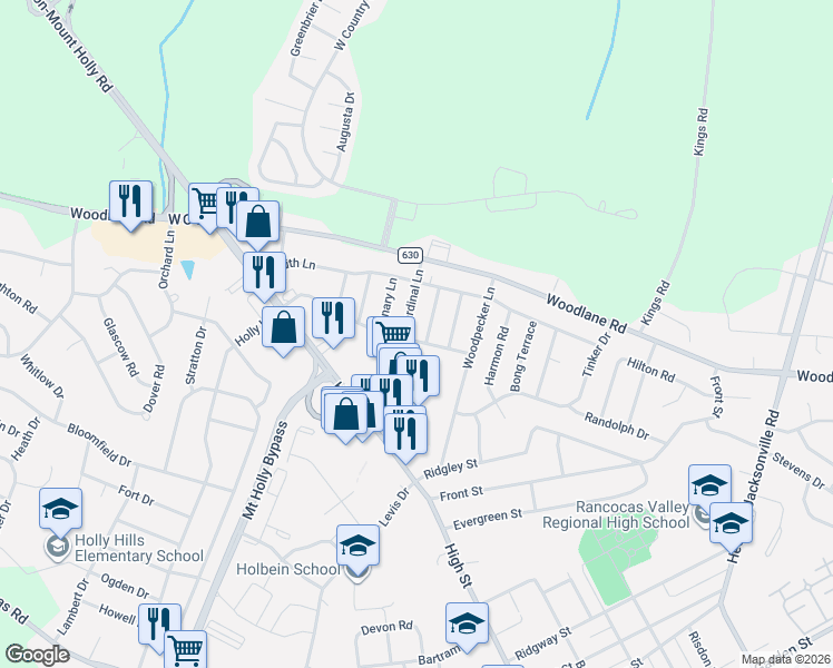 map of restaurants, bars, coffee shops, grocery stores, and more near 610 Holly Lane in Mount Holly