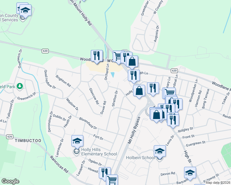 map of restaurants, bars, coffee shops, grocery stores, and more near 111 Stratton Drive in Westampton