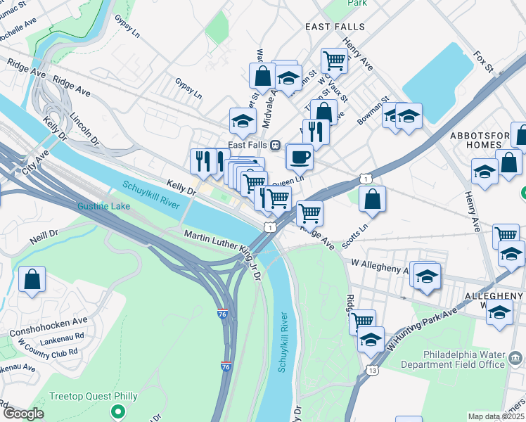 map of restaurants, bars, coffee shops, grocery stores, and more near in Philadelphia