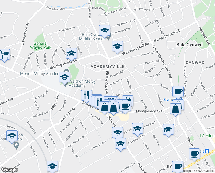map of restaurants, bars, coffee shops, grocery stores, and more near 142 Lodges Lane in Bala Cynwyd