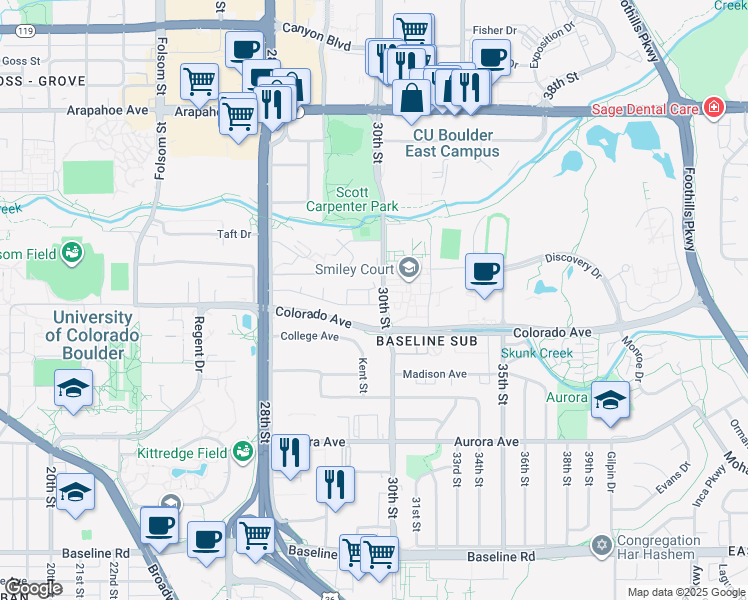 map of restaurants, bars, coffee shops, grocery stores, and more near in Boulder