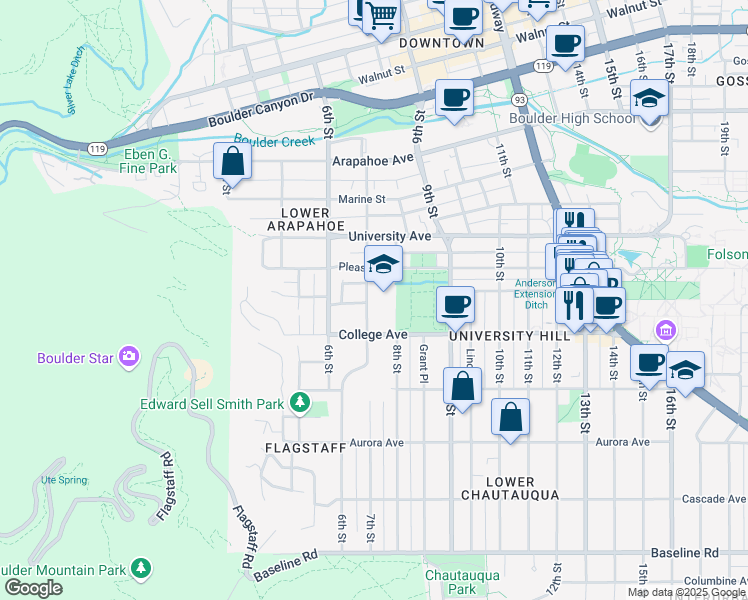 map of restaurants, bars, coffee shops, grocery stores, and more near 1150 7th Street in Boulder