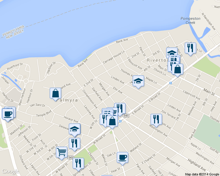 map of restaurants, bars, coffee shops, grocery stores, and more near 301 Elm Ave in Palmyra