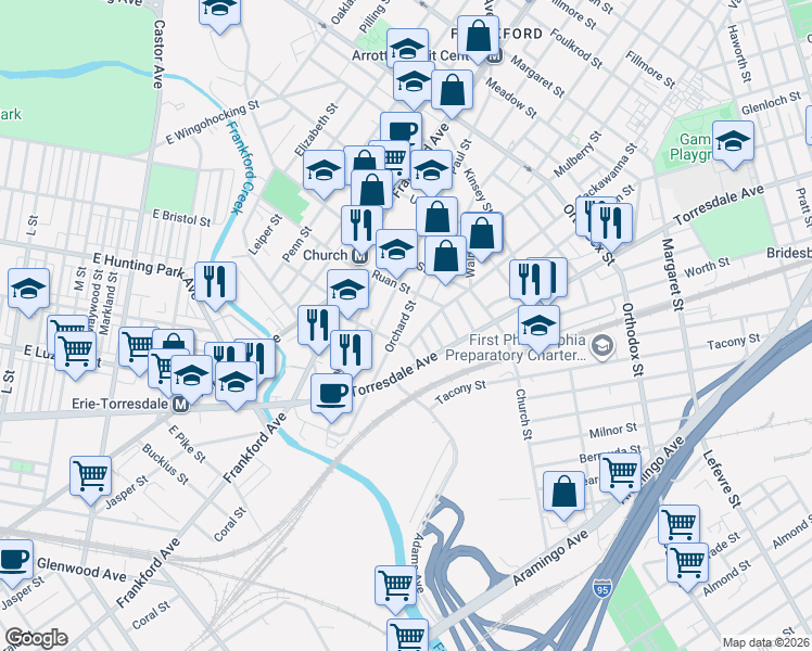 map of restaurants, bars, coffee shops, grocery stores, and more near 4210 Tackawanna Street in Philadelphia