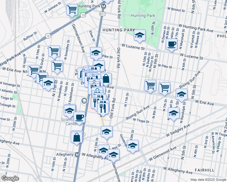 map of restaurants, bars, coffee shops, grocery stores, and more near 3635 North Camac Street in Philadelphia