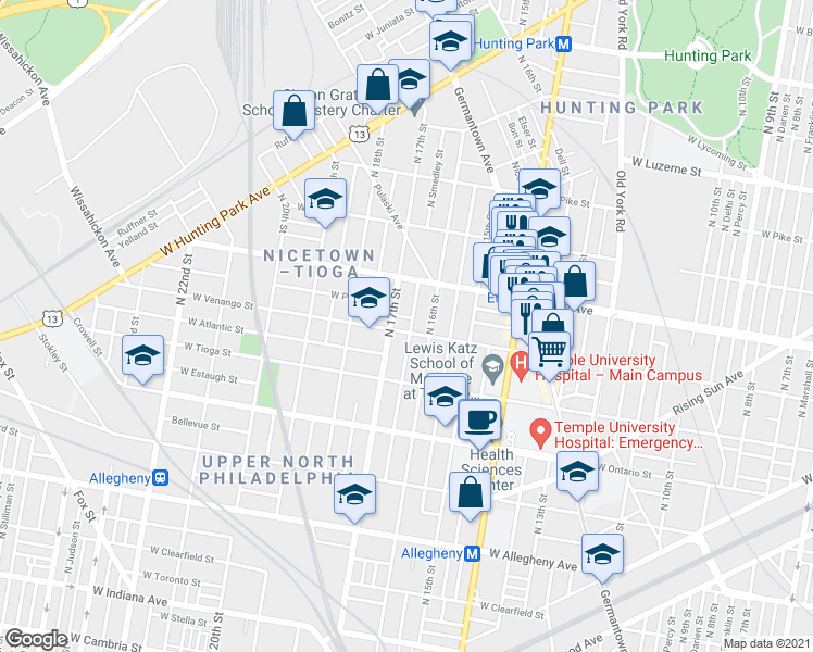 map of restaurants, bars, coffee shops, grocery stores, and more near 1630 West Venango Street in Philadelphia