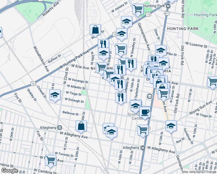 map of restaurants, bars, coffee shops, grocery stores, and more near 1722 West Venango Street in Philadelphia