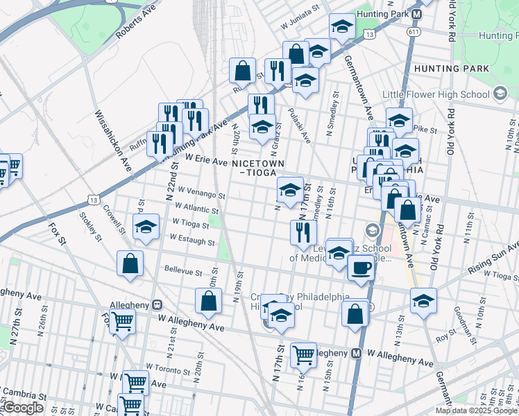 map of restaurants, bars, coffee shops, grocery stores, and more near 3532 North Gratz Street in Philadelphia