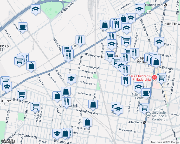 map of restaurants, bars, coffee shops, grocery stores, and more near 2103 West Tioga Street in Philadelphia