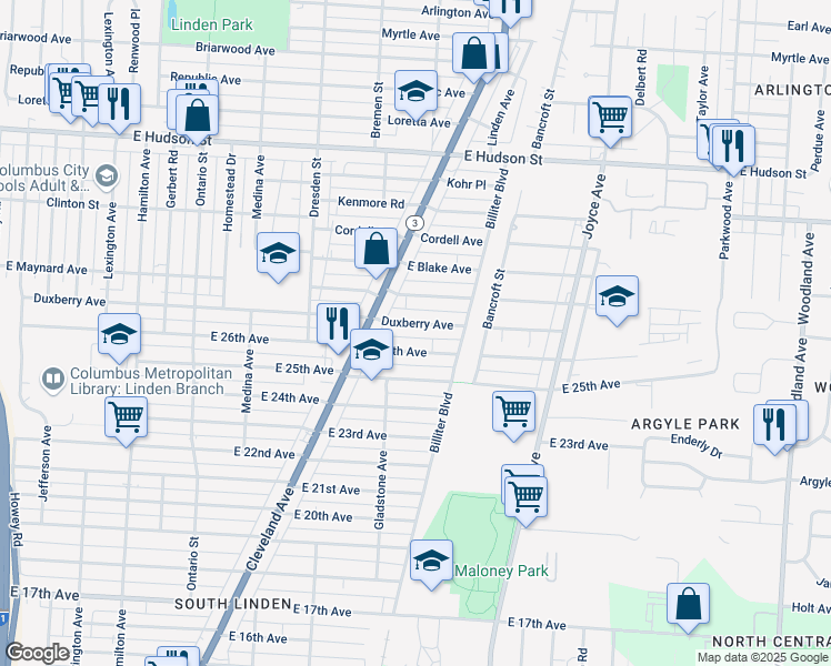 map of restaurants, bars, coffee shops, grocery stores, and more near 1524 East 26th Avenue in Columbus