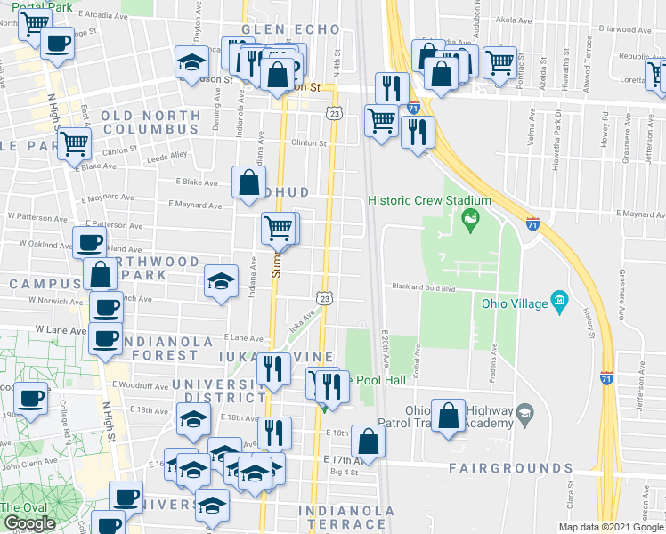map of restaurants, bars, coffee shops, grocery stores, and more near in Columbus