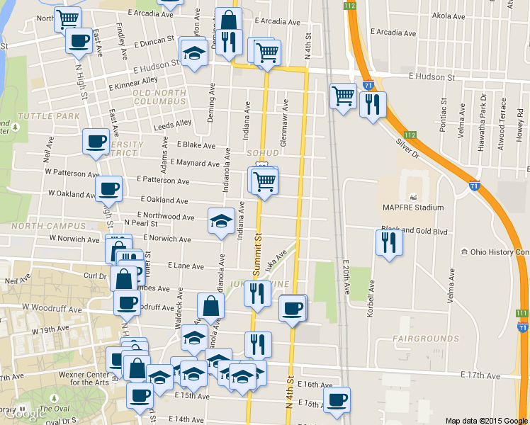 map of restaurants, bars, coffee shops, grocery stores, and more near 371 Alden Avenue in Columbus