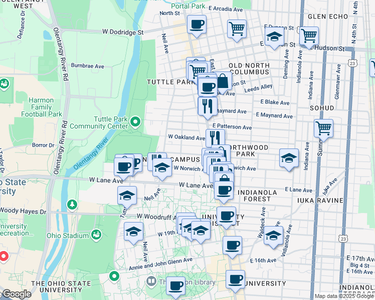 map of restaurants, bars, coffee shops, grocery stores, and more near 67 West Northwood Avenue in Columbus