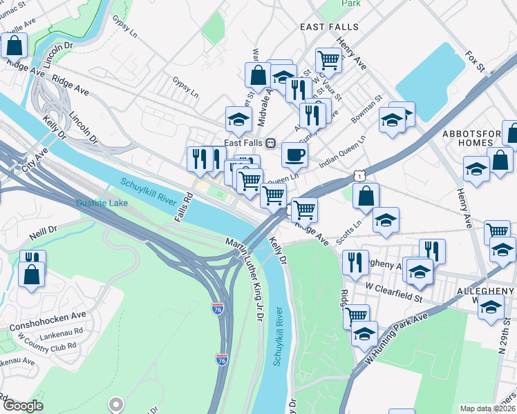 map of restaurants, bars, coffee shops, grocery stores, and more near 4152 Ridge Avenue in Philadelphia