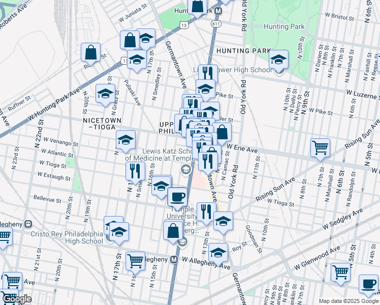 map of restaurants, bars, coffee shops, grocery stores, and more near 3626 North Broad Street in Philadelphia