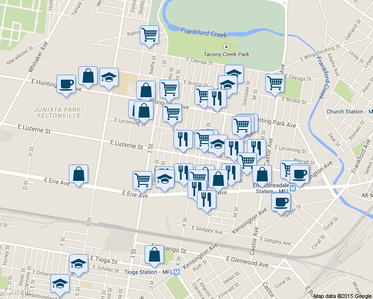 map of restaurants, bars, coffee shops, grocery stores, and more near 4008 Bennington Street in Philadelphia