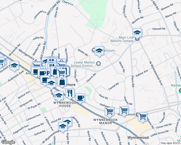 map of restaurants, bars, coffee shops, grocery stores, and more near 244 East Montgomery Avenue in Wynnewood