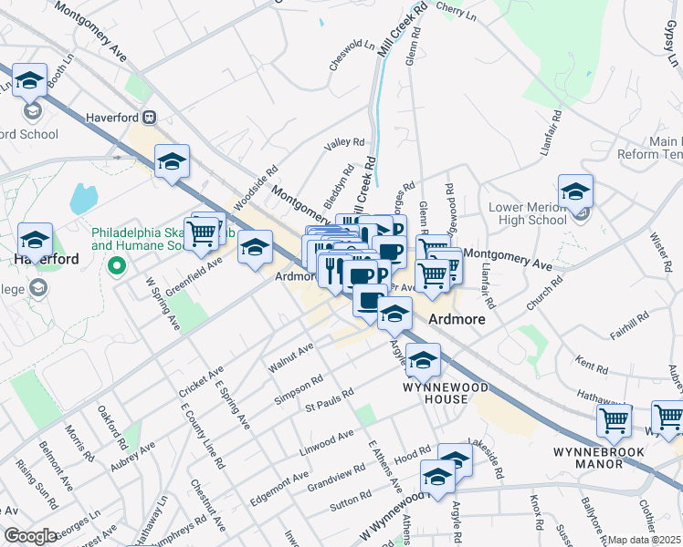 map of restaurants, bars, coffee shops, grocery stores, and more near 1 Station Road in Ardmore