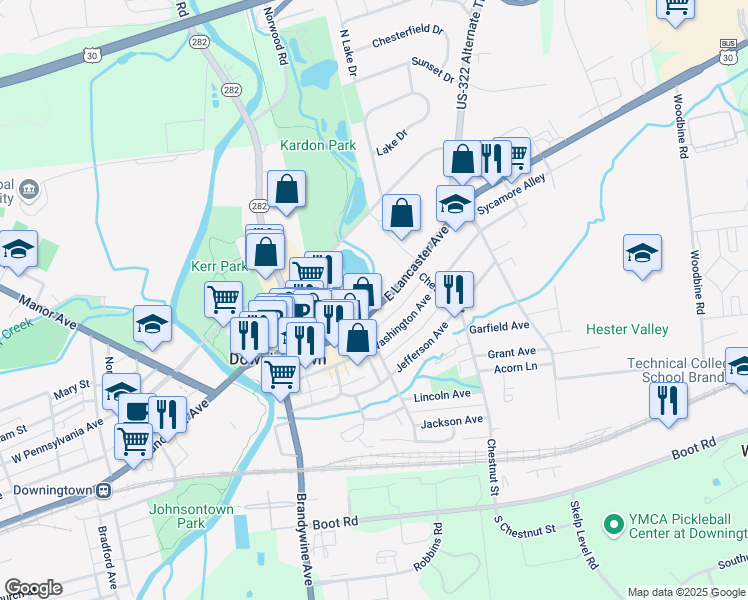 map of restaurants, bars, coffee shops, grocery stores, and more near 319 East Lancaster Avenue in Downingtown