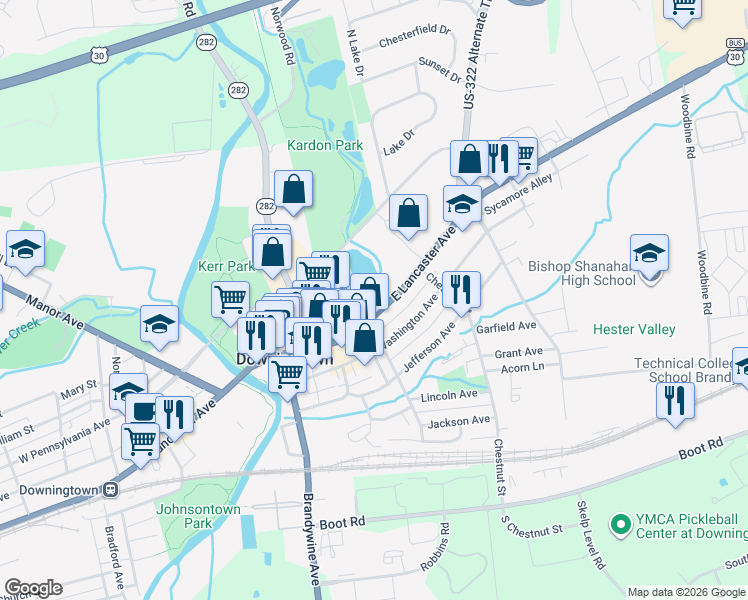 map of restaurants, bars, coffee shops, grocery stores, and more near 320 East Lancaster Avenue in Downingtown