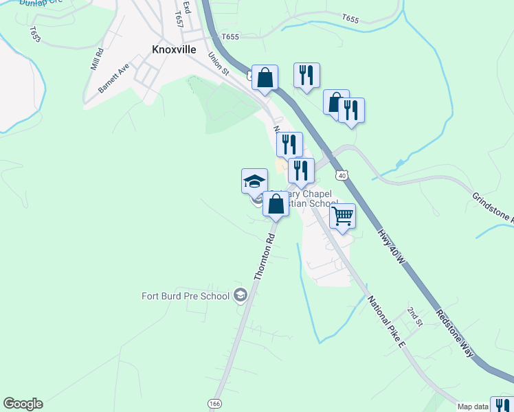 map of restaurants, bars, coffee shops, grocery stores, and more near 112 Thornton Road in Brownsville