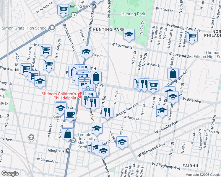 map of restaurants, bars, coffee shops, grocery stores, and more near 3638 North Marvine Street in Philadelphia