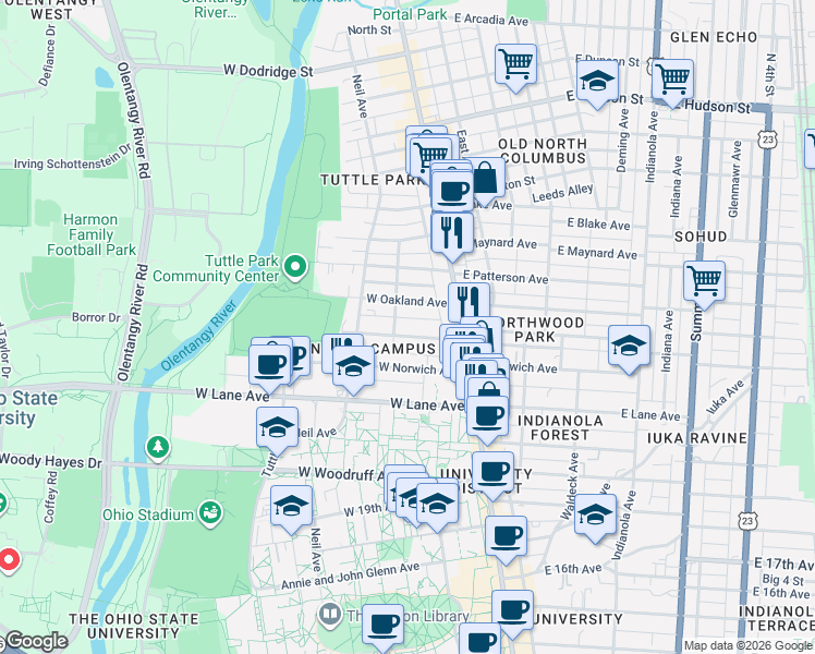 map of restaurants, bars, coffee shops, grocery stores, and more near 67 West Northwood Avenue in Columbus