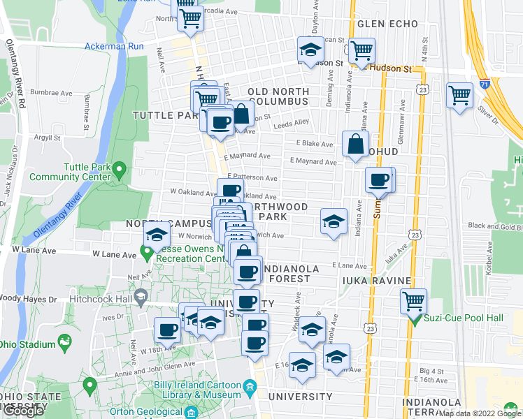 map of restaurants, bars, coffee shops, grocery stores, and more near 70 East Northwood Avenue in Columbus