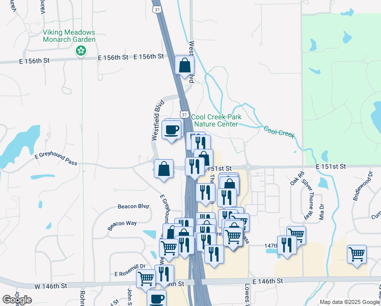 map of restaurants, bars, coffee shops, grocery stores, and more near 15160 North Meridian Street in Carmel