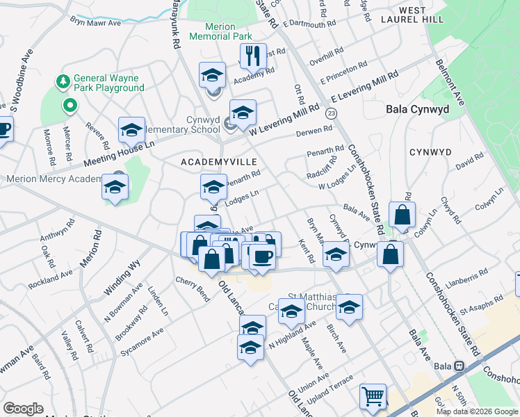 map of restaurants, bars, coffee shops, grocery stores, and more near 353 Bala Avenue in Bala Cynwyd