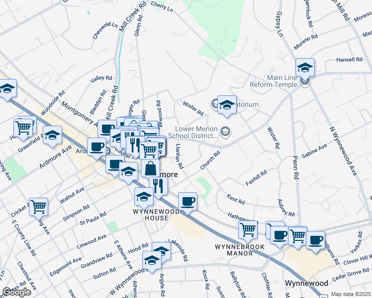 map of restaurants, bars, coffee shops, grocery stores, and more near 61 Llanfair Road in Ardmore