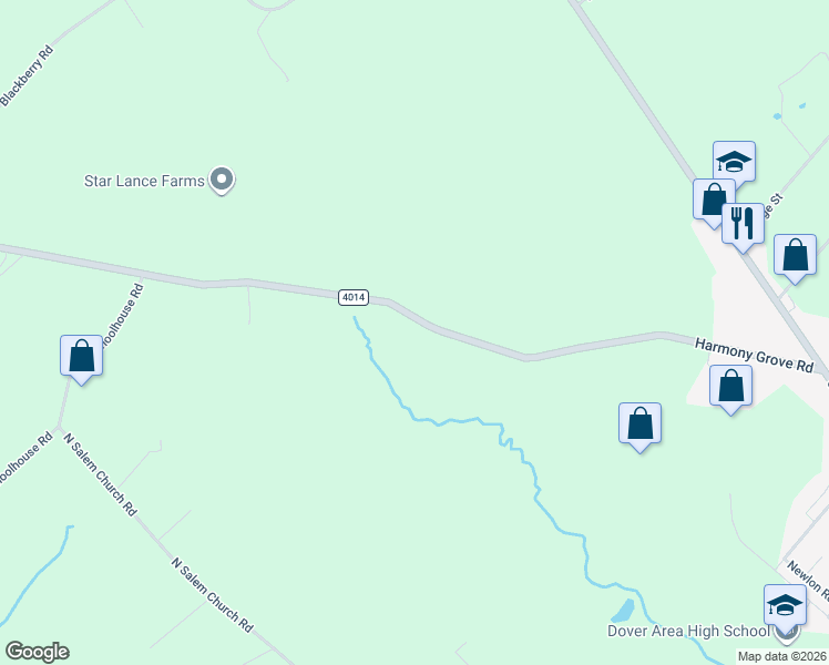 map of restaurants, bars, coffee shops, grocery stores, and more near 5180 Harmony Grove Road in Dover