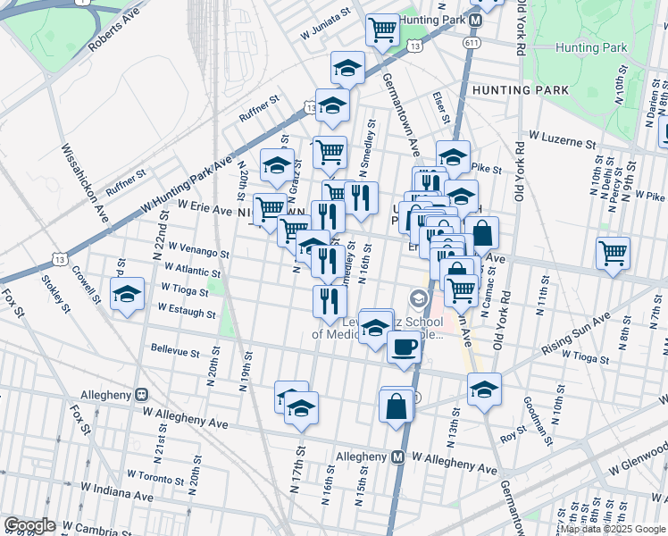 map of restaurants, bars, coffee shops, grocery stores, and more near 1630 West Venango Street in Philadelphia