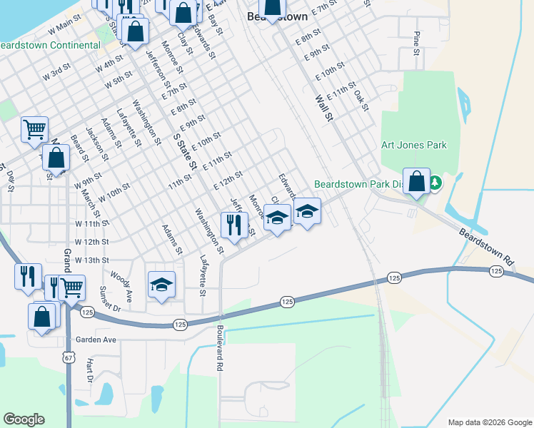 map of restaurants, bars, coffee shops, grocery stores, and more near 1401 Monroe Street in Beardstown