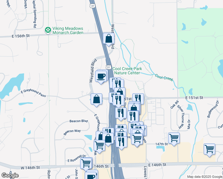 map of restaurants, bars, coffee shops, grocery stores, and more near 15160 North Meridian Street in Carmel