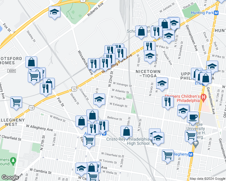 map of restaurants, bars, coffee shops, grocery stores, and more near 2124 West Atlantic Street in Philadelphia