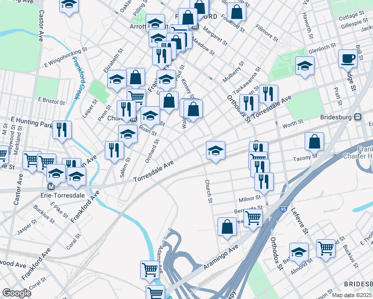map of restaurants, bars, coffee shops, grocery stores, and more near 1945 Berkshire Street in Philadelphia