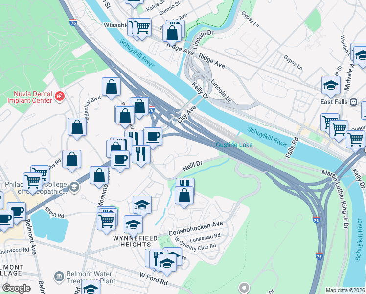 map of restaurants, bars, coffee shops, grocery stores, and more near 3903 City Avenue in Philadelphia