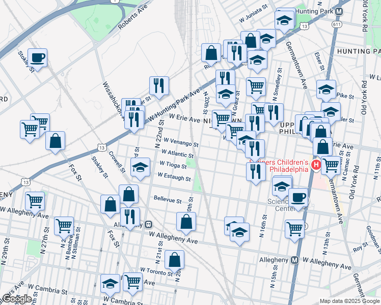 map of restaurants, bars, coffee shops, grocery stores, and more near 2009 West Atlantic Street in Philadelphia