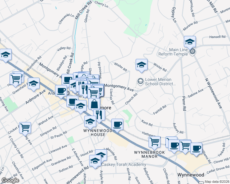 map of restaurants, bars, coffee shops, grocery stores, and more near 47 Llanfair Road in Ardmore