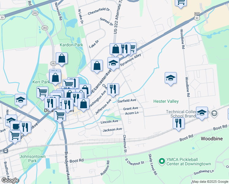 map of restaurants, bars, coffee shops, grocery stores, and more near 123 Chestnut Street in Downingtown