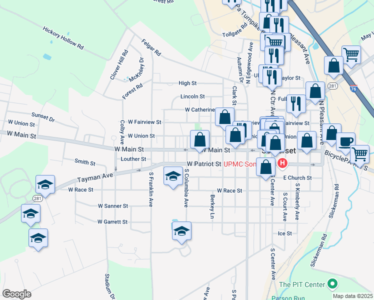 map of restaurants, bars, coffee shops, grocery stores, and more near 2 Columbia Avenue in Somerset