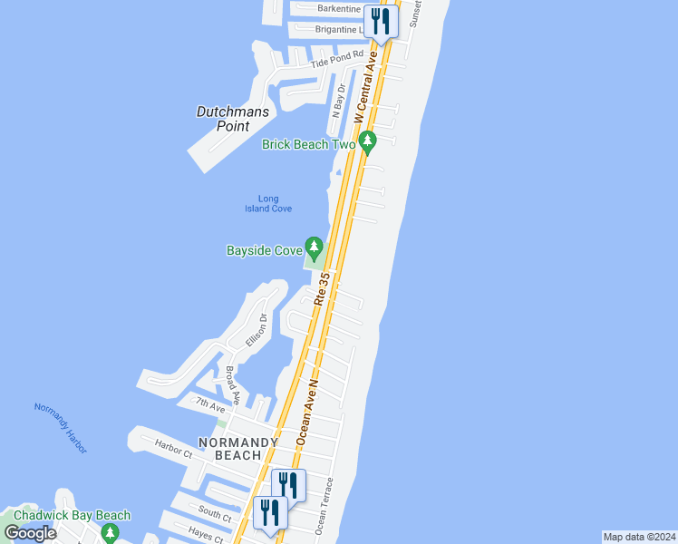 map of restaurants, bars, coffee shops, grocery stores, and more near 438 Route 35 North in Mantoloking