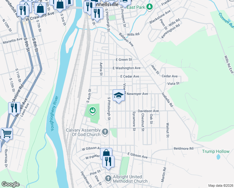map of restaurants, bars, coffee shops, grocery stores, and more near 216 Newmyer Avenue in Connellsville