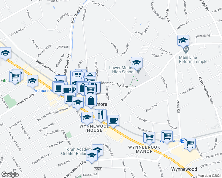 map of restaurants, bars, coffee shops, grocery stores, and more near 61 Llanfair Road in Ardmore
