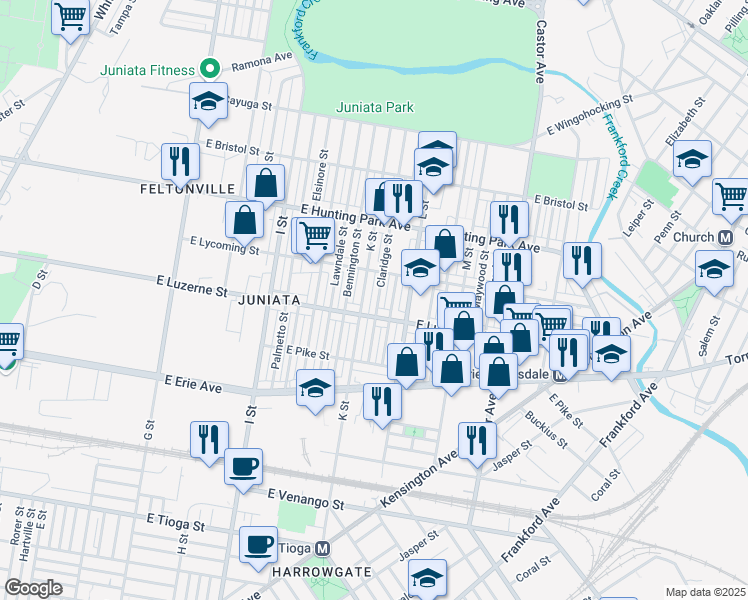 map of restaurants, bars, coffee shops, grocery stores, and more near 4020 Claridge Street in Philadelphia