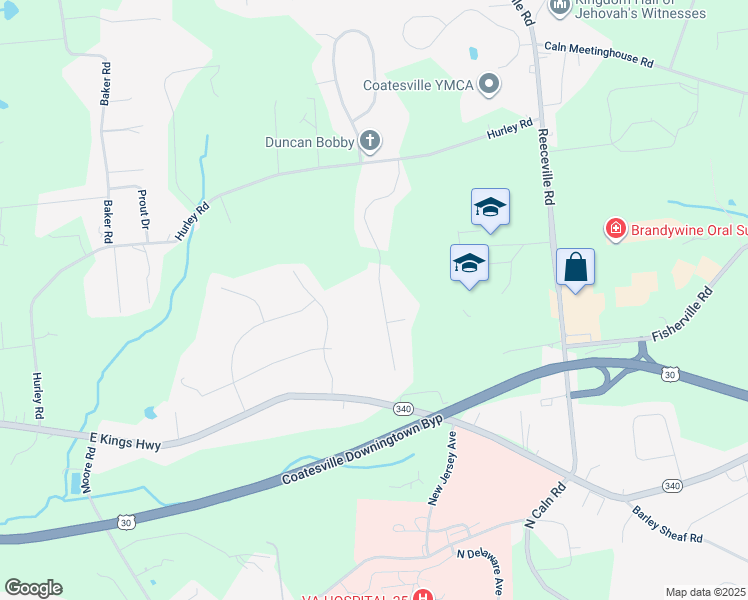 map of restaurants, bars, coffee shops, grocery stores, and more near 100 Schoolhouse Lane in Coatesville